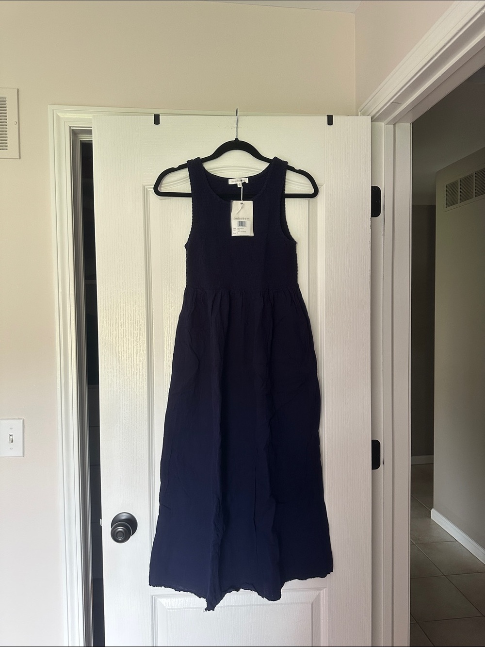 Mododoc Sleeveless Navy Midi Dress with Gathered Waist